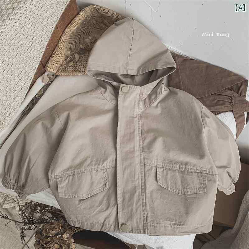 ジャケット 子供服 作業着 韓国 無地 フード ショート ウインドブレーカー 男女 ベビー ジッパー 春秋 ..