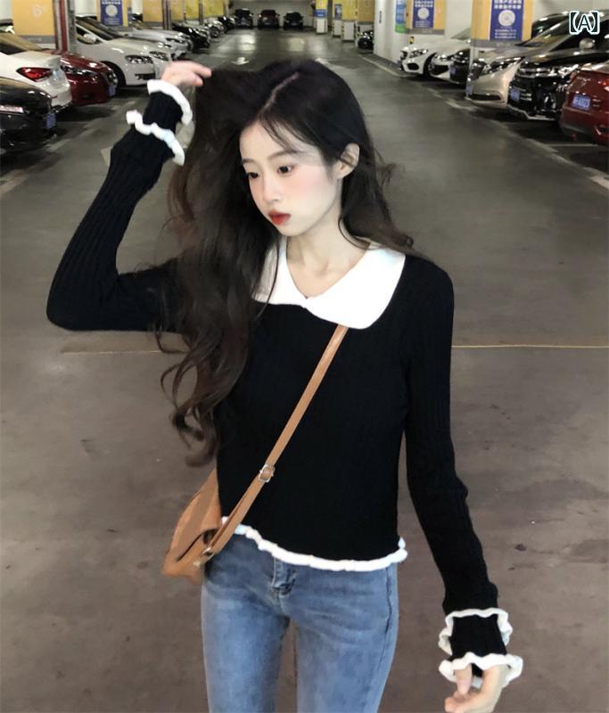 樂天商城 - レディース 秋冬 フランス レトロ 優しい 黒 ニット ボトム シャツ 暖かい インナー レイ ヤード ドール カラー タイト セーター