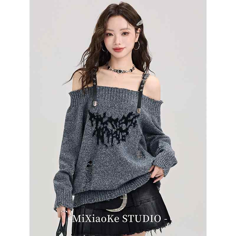 セーター トップス オフショルダー レディース おしゃれ ファッション アメリカン レトロ 秋冬 プルオーバー カジュアル ゆったり フェミニン オーバーサイズ