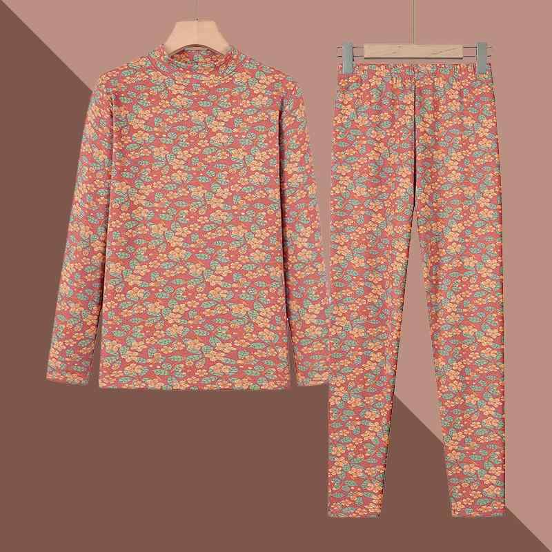 秋冬 中老 秋パンツ 保温性 デルフロン 下着セット お寄り 花柄 ハーフハイネック プルオーバー