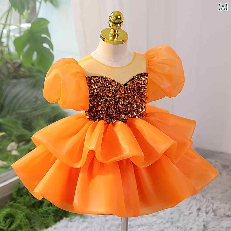 発表会 ドレス 女の子 ウェディングドレス プリンセス 子供 ピアノ演奏衣装 オレンジ キッズ 姫 パフォーマンス