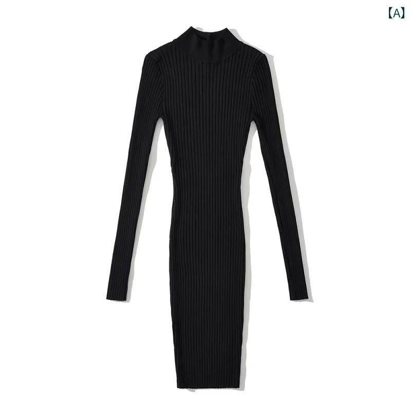 レディース ニット ワンピース アメリカン 魅惑的 背中 開いた ボタン ダウン ハーフ ハイネック ピット ストライプ 長袖 ドレス タイト スリム ヒップ ハグ ショート スカート