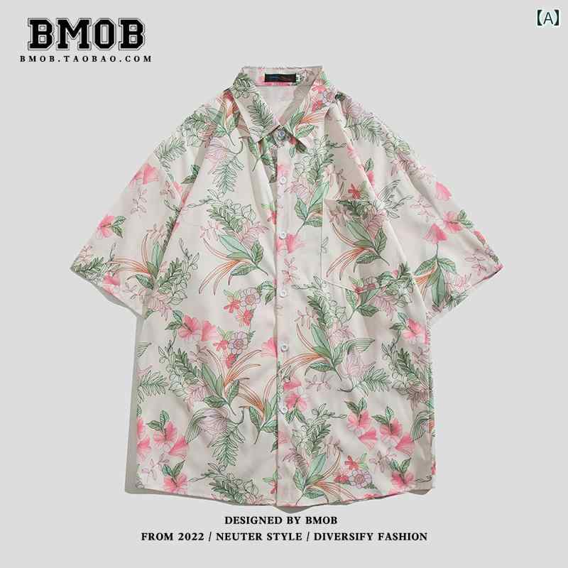 メンズ 夏 カジュアル 花柄 シャツ 半袖 ハワイアン ビーチ プール 海水浴 トップス 涼しい サマーウェア 薄手 オール オーバー プリント カップル