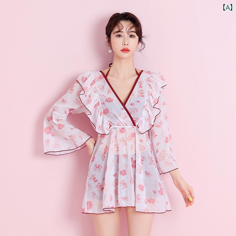 レディース 水着 ビキニ アウター長袖ブラウス 3点スーツ 3点セット バックリボン装飾 ハイウエスト ウエストヒップカバー 体型カバー フローラル模様 花柄 ツートーンカラー セクシー Vネック リゾート バカンス プール ビーチ 赤 レッド