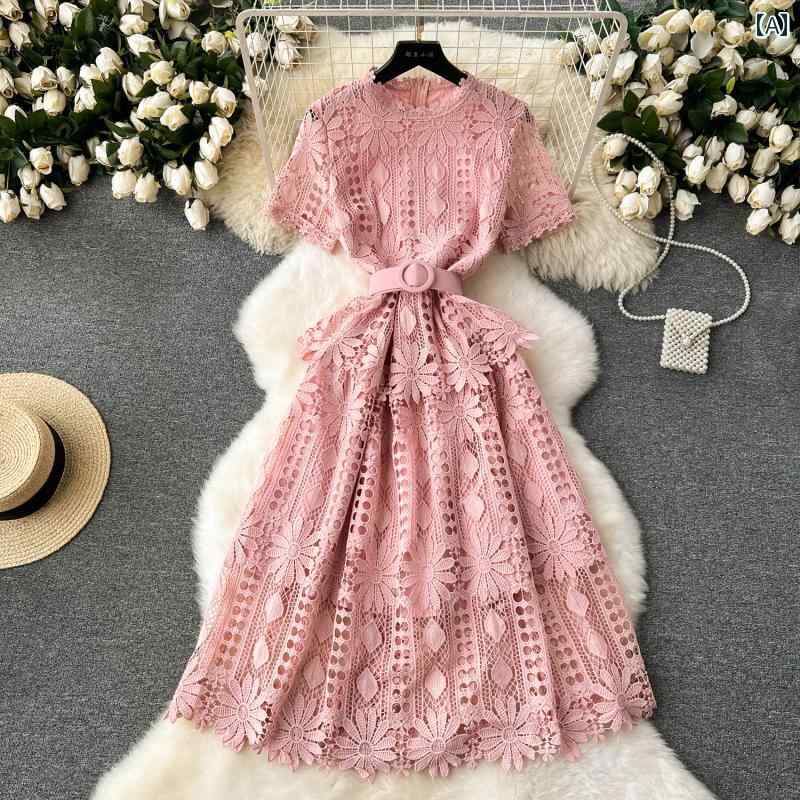 レディース ワンピース フレンチ レトロ 刺繍 レース ドレス ハイエンド フリル スリム ミドル
