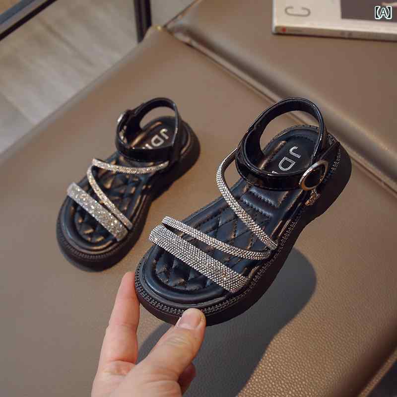 キッズ ジュニア シューズ 女の子 靴 サンダル 夏 韓国 プリンセス ラインストーン オープントゥ ビーチ 子供