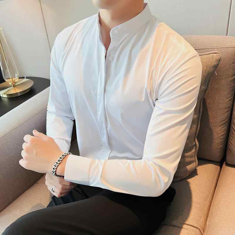 シャツ メンズ 秋 カジュアル フォーマル 長袖 トップス おしゃれ スタンドカラー ハイエンド スリム ラウンドネック ビジネス ブリ ティッシュ ヤッピー