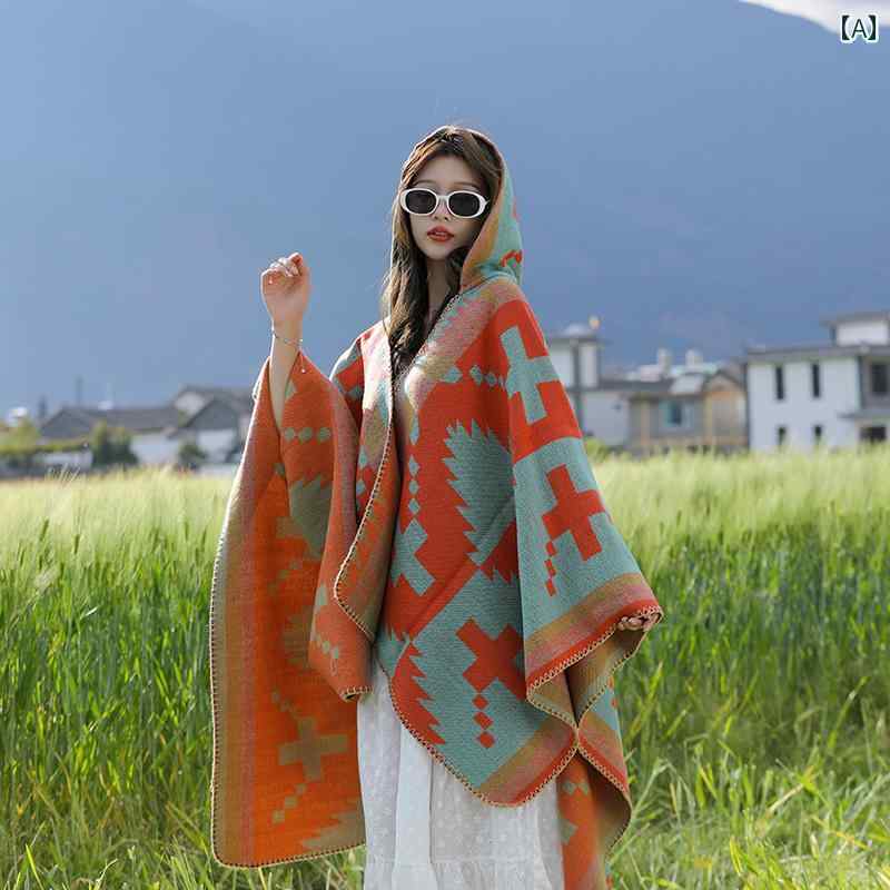 レディース マント スカーフ ボヘミアン フード エスニック 幾何学模様 ショール 厚手 オールシーズン ブランケット カジュアル リバーシブル 大きめ