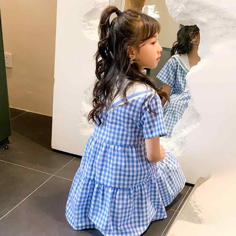女の子 ワンピース ドレス 夏 韓国 子供 セーラー 学校 キッズ ファッション チェック柄 プリンセス ケ..