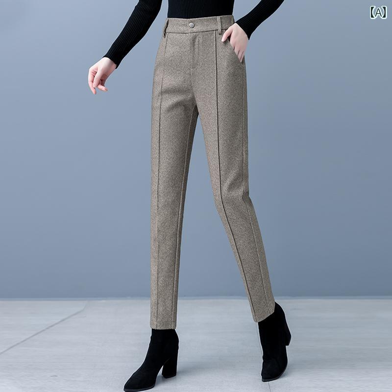 Women's casual bottoms, pants, trousers, autumn/winter.Straight Slim fit, high-waisted wool