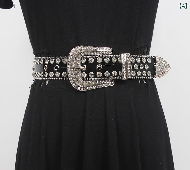 レディース パンク ダーク 装飾 パンチ ラインストーン ワイド ベルト かっこいい ファッション クール 派手