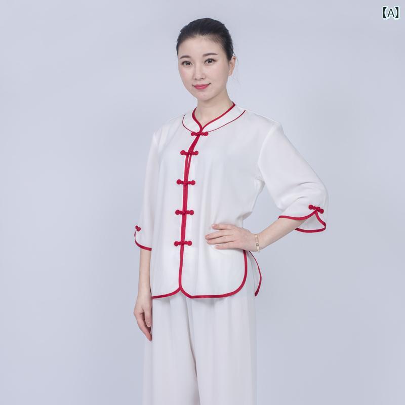 レディース 夏 武術着 武道着 太極拳 服 綿 リネン 半袖 トレーニング 薄手