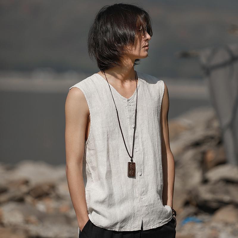 ジャケット ノースリーブ ベスト メンズ チャイニーズ スタイル 平屋 夏 ベスト リネン レトロ 漢服 バ..