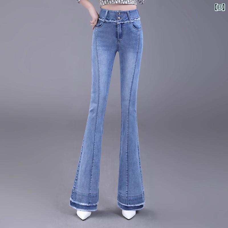 パンツ レディース ボトムス デニム ダーク ブルー ジーンズ 秋 韓国 ファッション フレアパンツ ハイウエスト スリム フレアパンツ