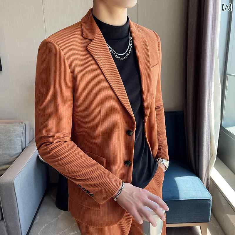 メンズ スーツ ジャケット パンツ おしゃれ スタイリッシュ カジュアル コーデュロイ 大きめサイズ フラット襟 スリムフィット ポリエステル メンズ 2