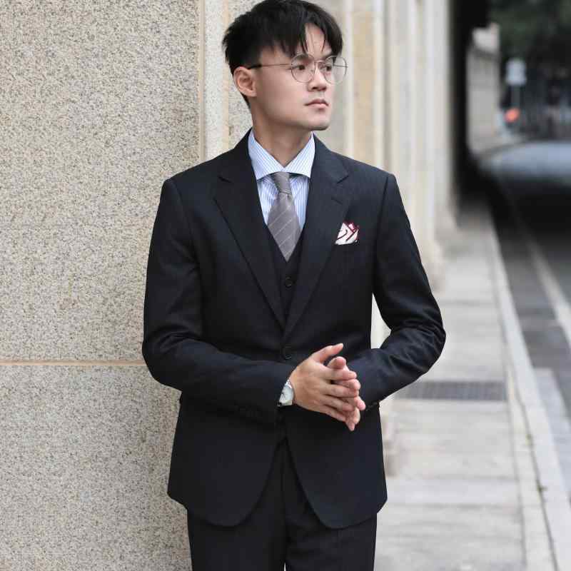 スーツ ジャケット ベスト パンツ メンズ おしゃれ スタイリッシュ ウール 英国風 ビジネス ブラック ストライプ 3点 紳士 結婚式 大きめサイズ