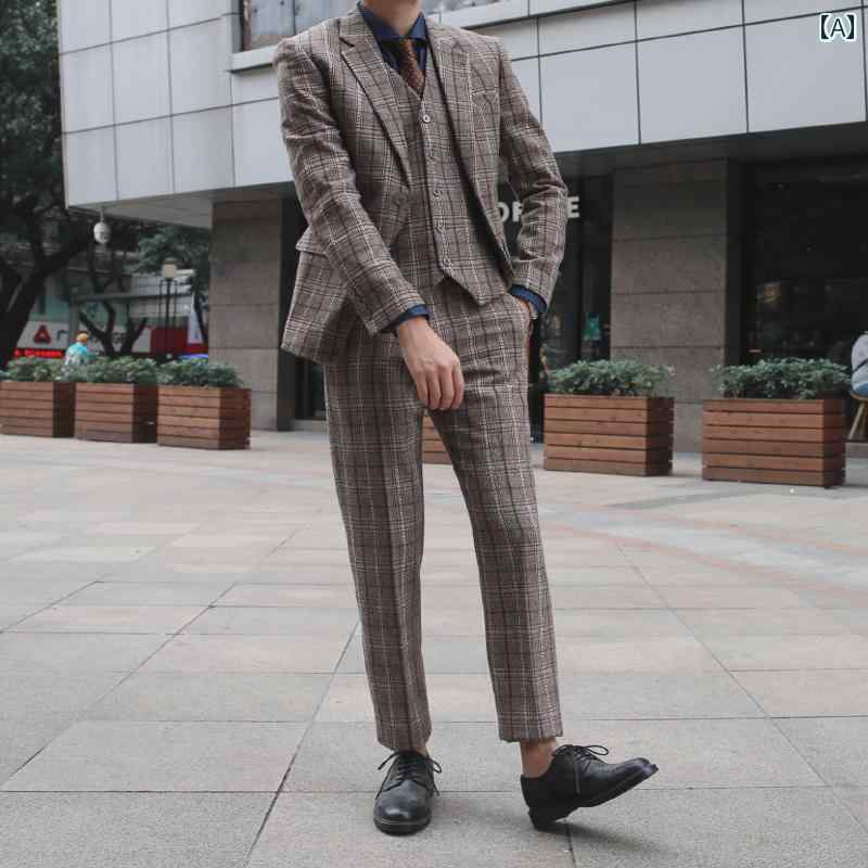 メンズ スーツ ジャケット パンツ おしゃれ スタイリッシュ 3点 レトロ 英国風 紳士 結婚式 ビジネス 快適 スリム セット チェック ストライプ