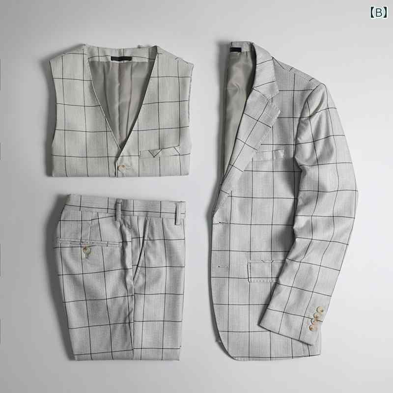 メンズ スーツ ジャケット パンツ おしゃれ スタイリッシュ 3点 レトロ 英国風 紳士 結婚式 ビジネス 快適 スリム セット チェック ストライプ