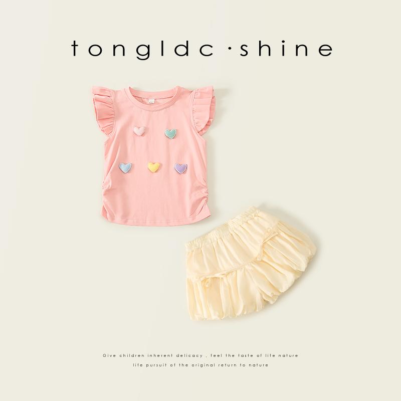キッズウェアウェア 立体ハートTシャツ×ふわふわショートパンツ ガーリー 夏 韓国 ...