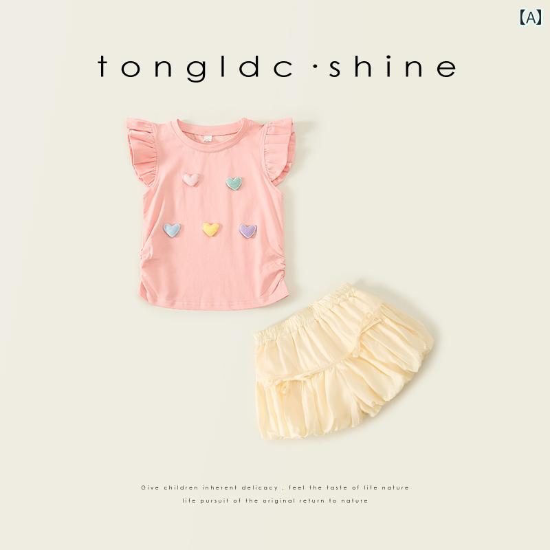 キッズウェアウェア 立体ハートTシャツ×ふわふわショートパンツ ガーリー 夏 韓国 ...
