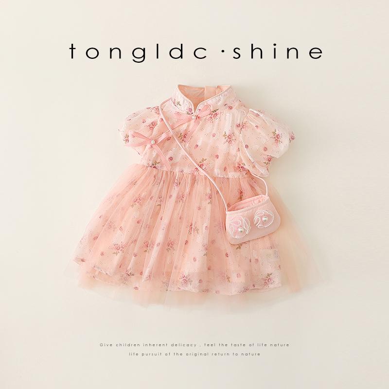 キッズウェア ふわふわワンピース チャイナ風 パフスリ かわいい 女の子 薄手 ガーゼ スカート 子供 韓国 赤ちゃん ピンク プリンセスワンピース Aラインスカート