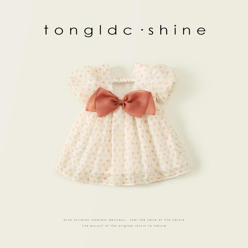 キッズウェアキッズ りぼんドット シフォンワンピース ふんわり ガーリー かわいい 女の子 夏 子供 プリンセス 夏 子供 背中リボン スクエアネック お祝い