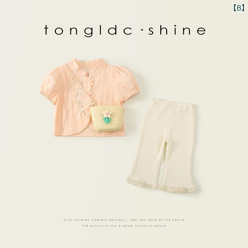 キッズウェア チャイナ風 チュニック ×ロングフレアパンツ かわいい 女の子 スーツ 夏 子供 半袖 2点セット ポシェット モダン