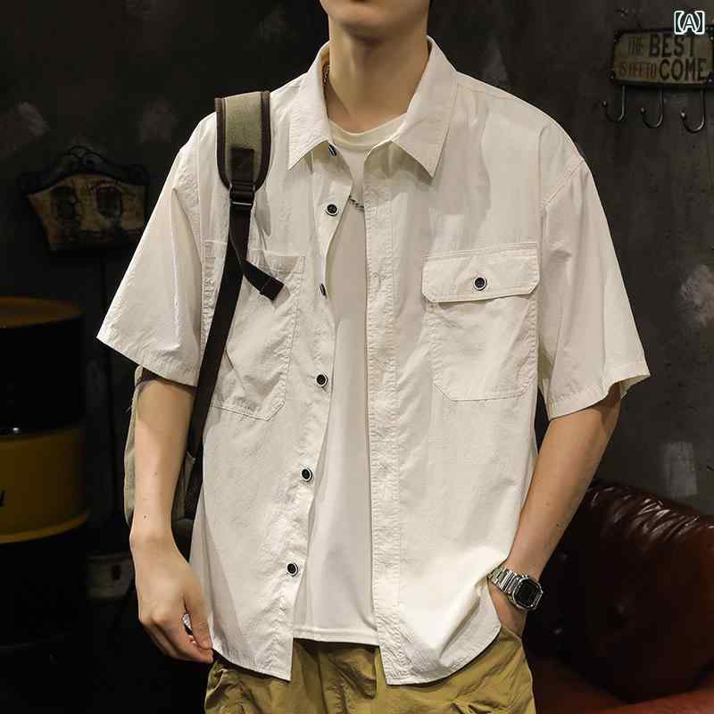 メンズ 半袖 シャツ 夏 トップス レトロ アメリカン 前開きボタン ボタン装飾 マルチポケット装飾 薄手 化学繊維混紡 ポリアミド繊維 風 カジュアル レジャー アーバン ワークウェア