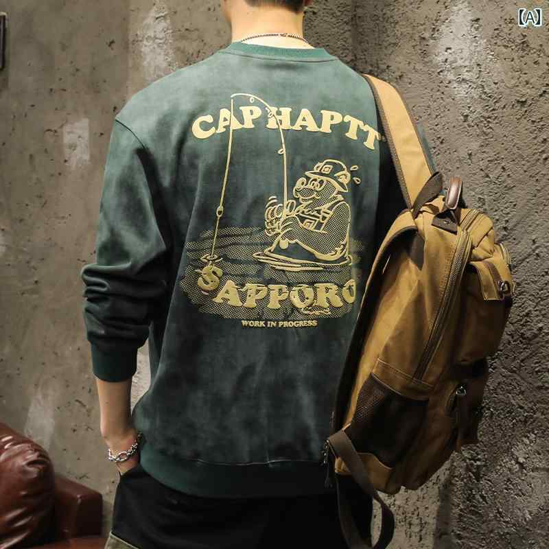 ンズ メンズ 長袖 シャツ トップス 春秋冬 トレーナー スウェット アウトドア アメリカン ラウンドネック バックイラスト 釣り フィッシャー 熊 テキスト英文字 コットン100 カジュアル スポーツ レジャー バッジ装飾 裏起毛有り無し