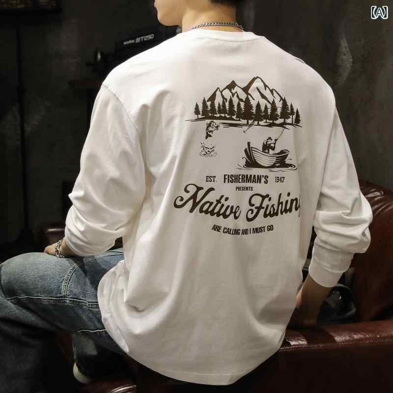 メンズ 長袖 シャツ トップス 春秋 トレーナー スウェット アメリカン マウンテン 山風景 森林湖 アウトドア テキスト英文字 ラウンドネック バックプリント フロントワンポイントプリント 綿 コットン100 カジュアル レジャー