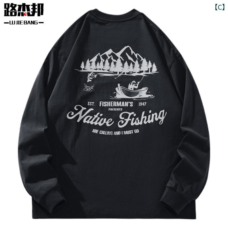 メンズ 長袖 シャツ トップス 春秋 トレーナー スウェット アメリカン マウンテン 山風景 森林湖 アウトドア テキスト英文字 ラウンドネック バックプリント フロントワンポイントプリント 綿 コットン100 カジュアル レジャー