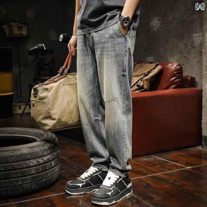 メンズ 長ズボン ロングパンツ ボトムス 春秋 アメリカン デニム ジーンズ ストリート レトロ ウォッシュド ダメージ破れ加工 ヴィンテージ風ブルー ストレートレッグ ポケット バッジ装飾 ストレッチ性し カジュアル