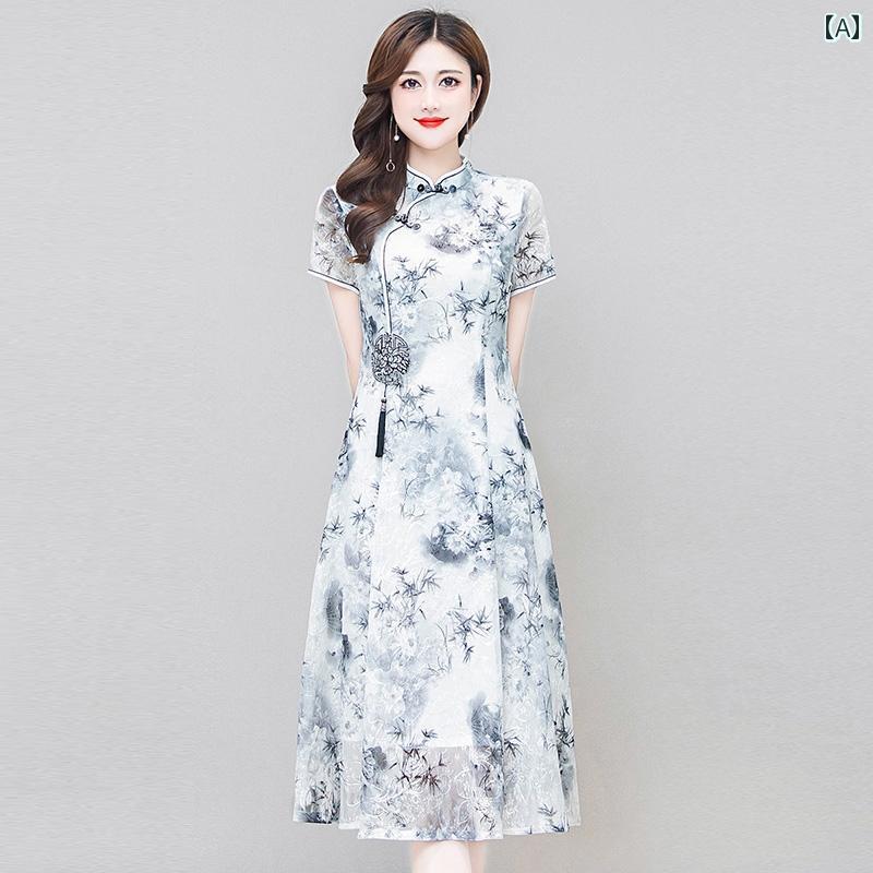 レディース レディース 夏 半袖 ワンピース チャイナドレス 刺繍 ハイウエスト おしゃれ 気品 スタンドカラー Aラインスカート ミモレ丈 大きめサイズ