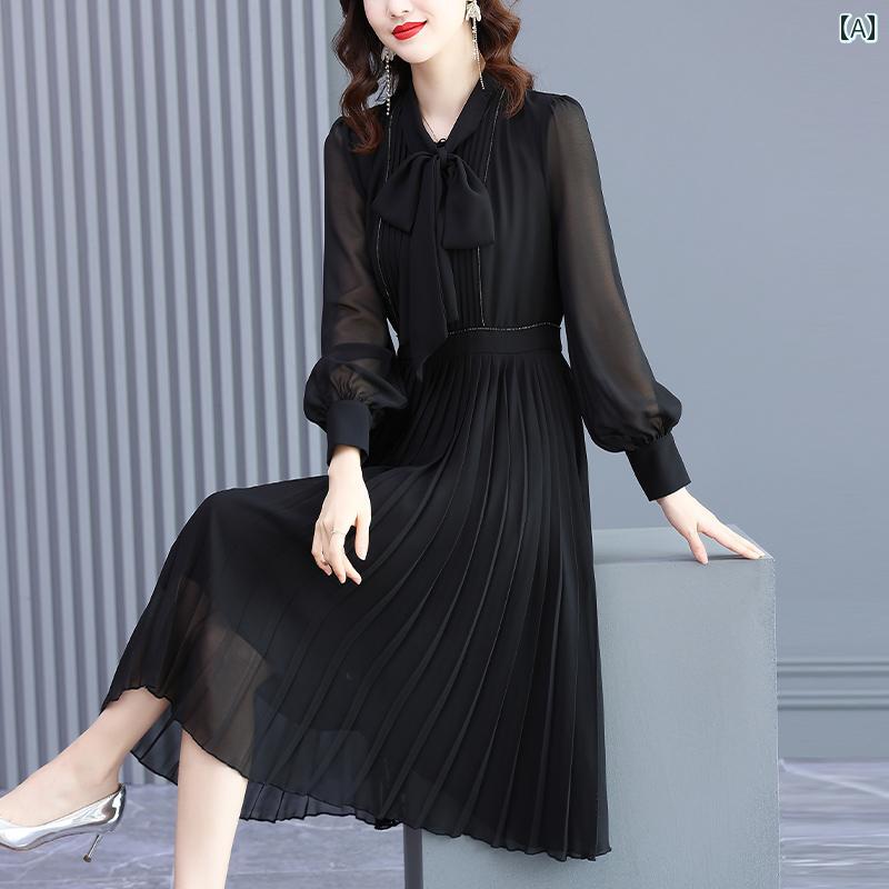 ワンピース 黒 レディース ドレス ゴシック 秋 ファッション 豪華感 レディース ロング スカート シック プリーツ 上品 Vネック