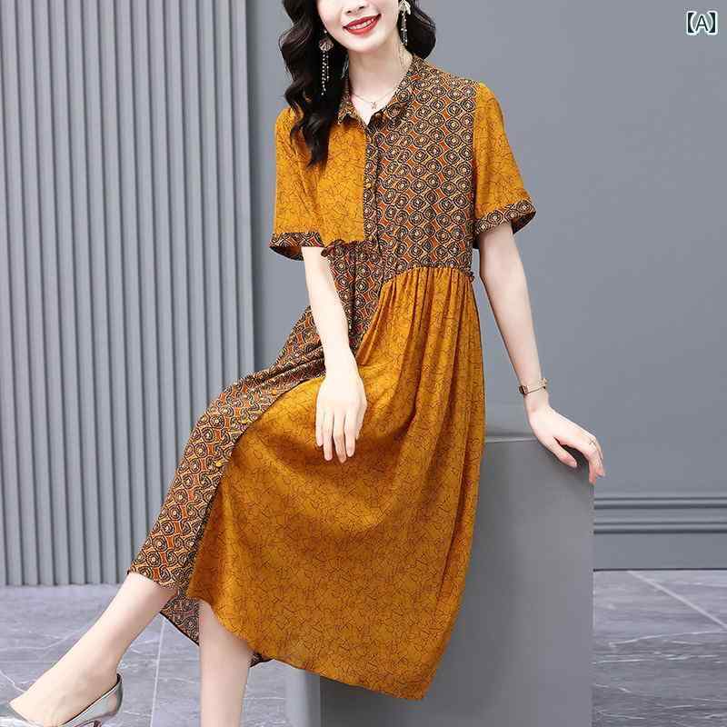 レディース シャツ ワンピース 夏 エスニック レトロ プリント スカート レディース カジュアル エレガント