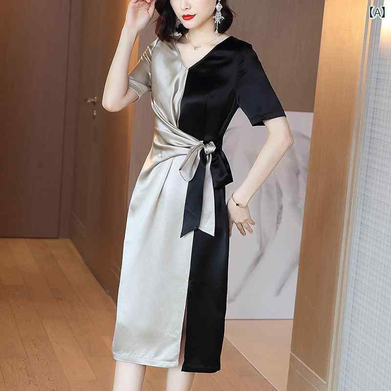 レディース ワンピース ドレス 夏 リボン ウエスト レース Vネック スリット ロング スカート レディース 婦人 エレガント