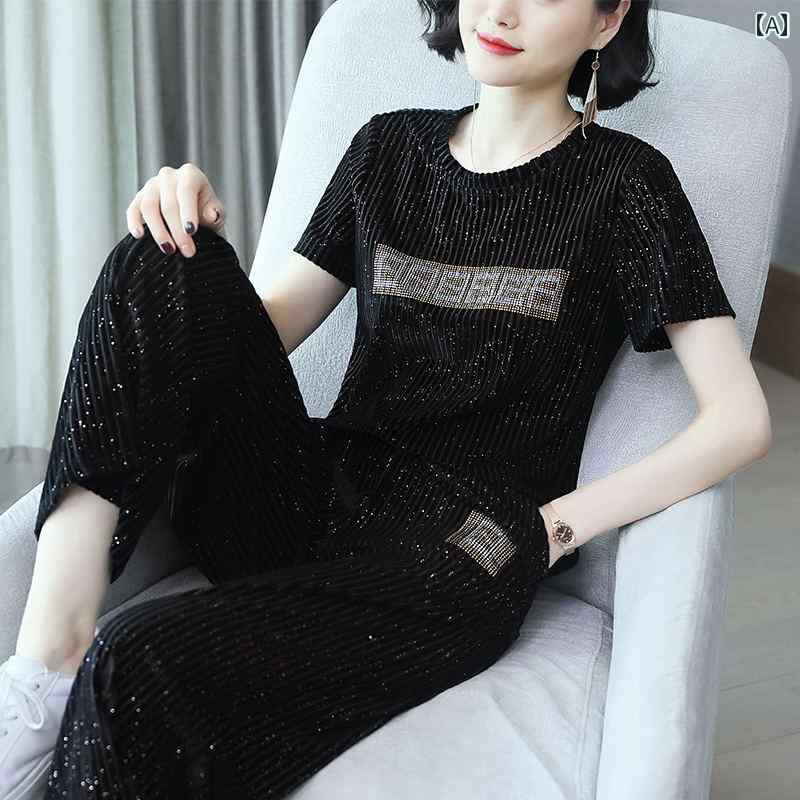 トップス ニット ワイドレッグ パンツ レディース ファッション クール ストライプ グリッター 2点セット カジュアル