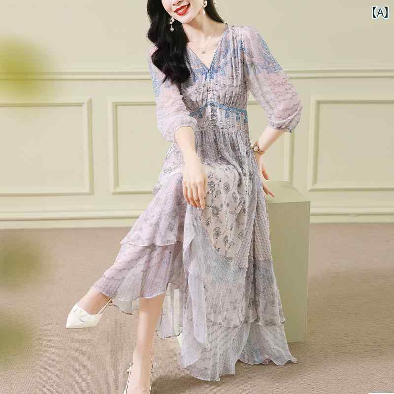 ワンピース ドレス レディース 夏 Vネック プリント Aライン レトロ ロング スカート ウエストゴム 豪華感 フェミニン