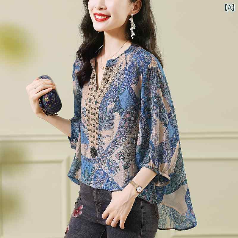 レディース トップス 夏 エスニック プリント レトロ Tシャツ レディース Vネック ゆったり 清涼感 エレガント