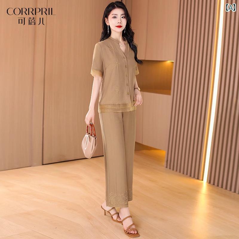 レディース 夏 半袖シャツ ロングパンツセット 婦人服 おしゃれ きれいめ カジュアル イベント お呼ばれ ビジネス 衣装 ディナー アップ