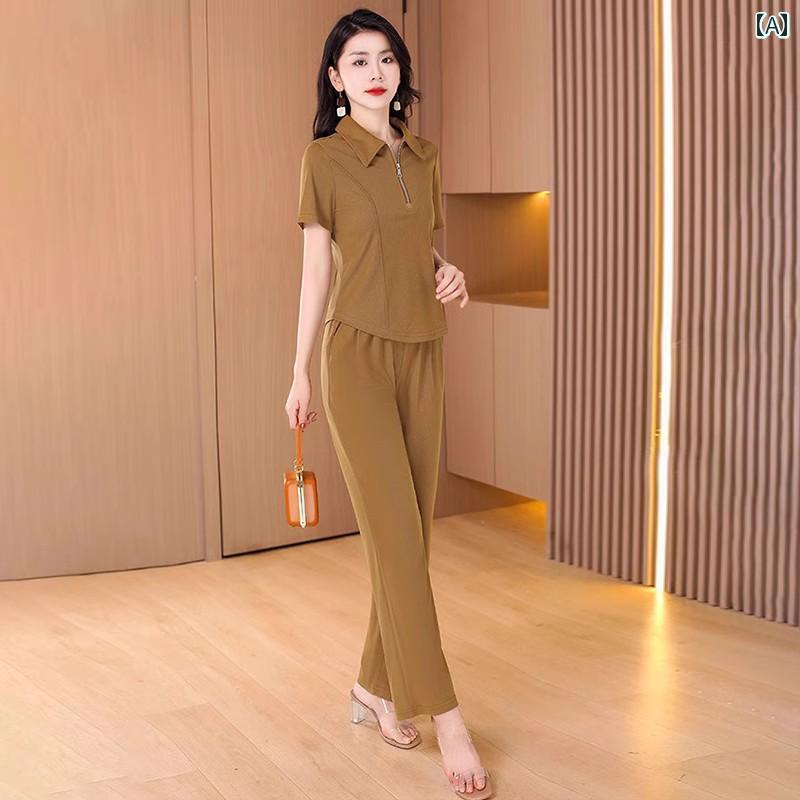 レディース ファッション パンツスーツ ひんやり 涼しい 快適 コットン リネン スーツ おしゃれ 夏 スポーツ セットアップ 半袖 ウエストゴム レディース