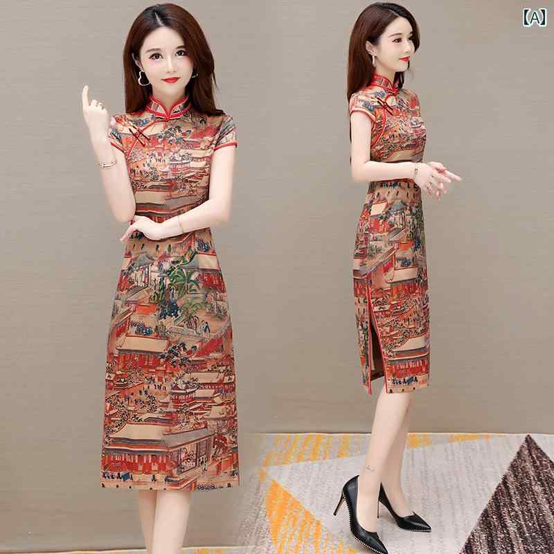 レディース 夏 チャイナ風 ワンピース ドレス Aライン エレガント おしゃれ きれいめ イベント パーティー 旅行 フォーマル お呼ばれ 仕事 ビジネス 衣装 ディナー デート アップ