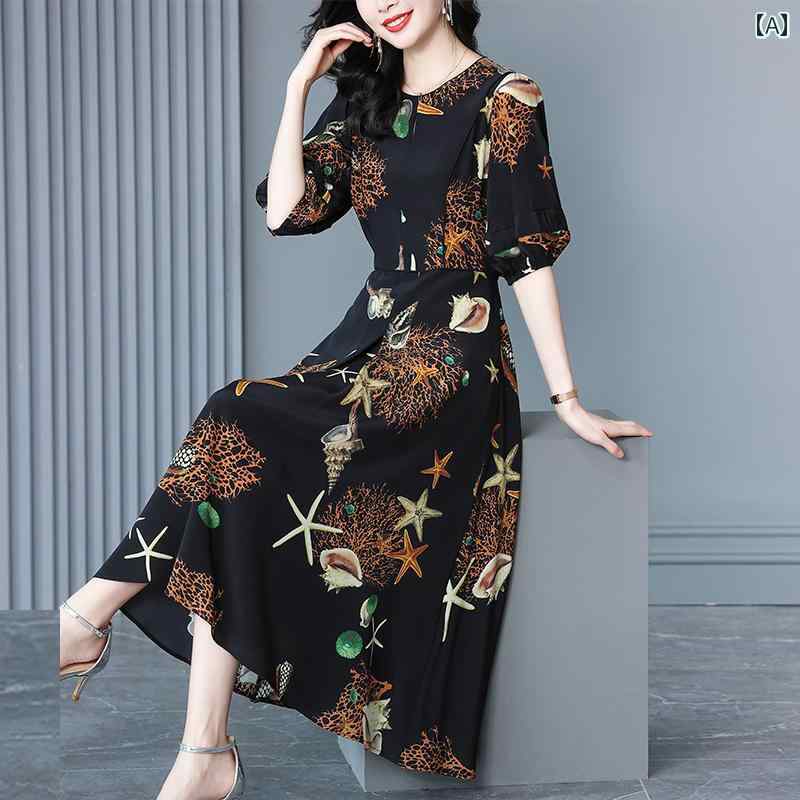 レディース ファッション ワンピース 豪華感 ドレス おしゃれ 夏 プリント マルベリー ラウンドネック Aラインスカート