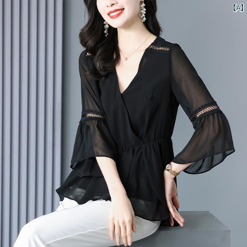 レディース ファッション トップス シフォン シャツ おしゃれ 夏 レース フレンチ 長袖 ベルスリーブ