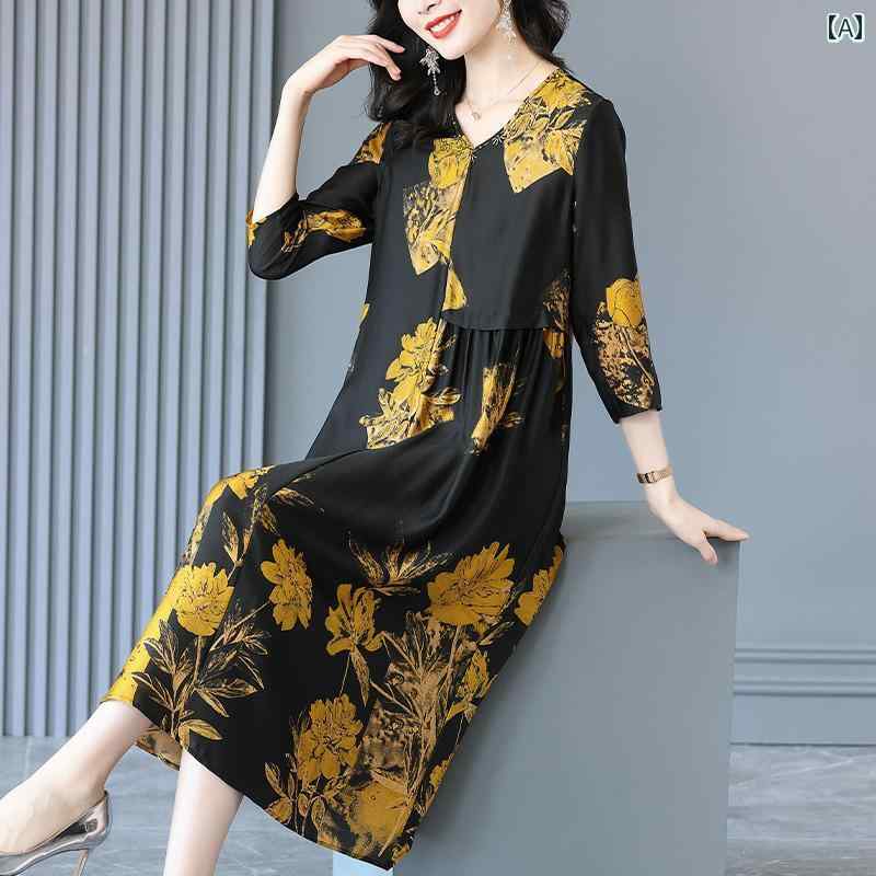 レディース ファッション ワンピース ドレス おしゃれ 夏 桑 西洋風 ゆったりウエスト レトロ プリント ロングスカート