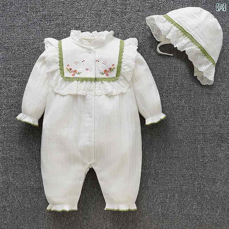 ロンパース ベビー服 カバーオール ジャンプ スーツ 春秋 綿 女児 赤ちゃん レース 生後1ヶ月 100日 か..