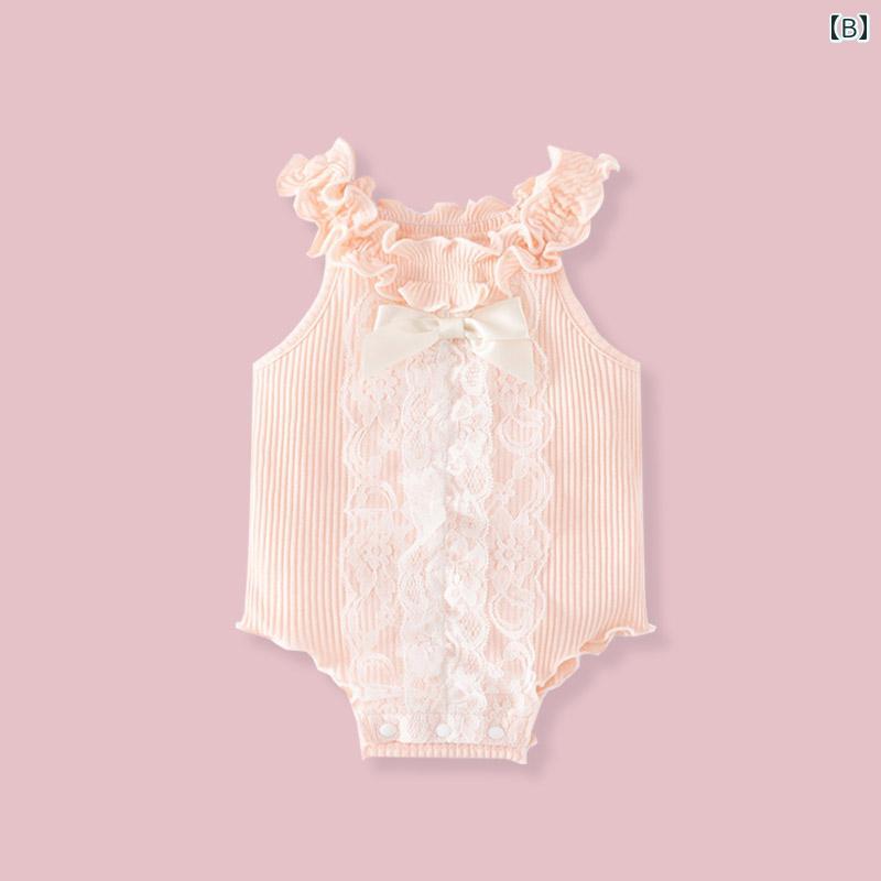 ロンパース ベビー服 ジャンプ スーツ スリング 夏 薄手 レース 女児 赤ちゃん かわいい プリンセス ベストノースリーブ ベスト クロール 服