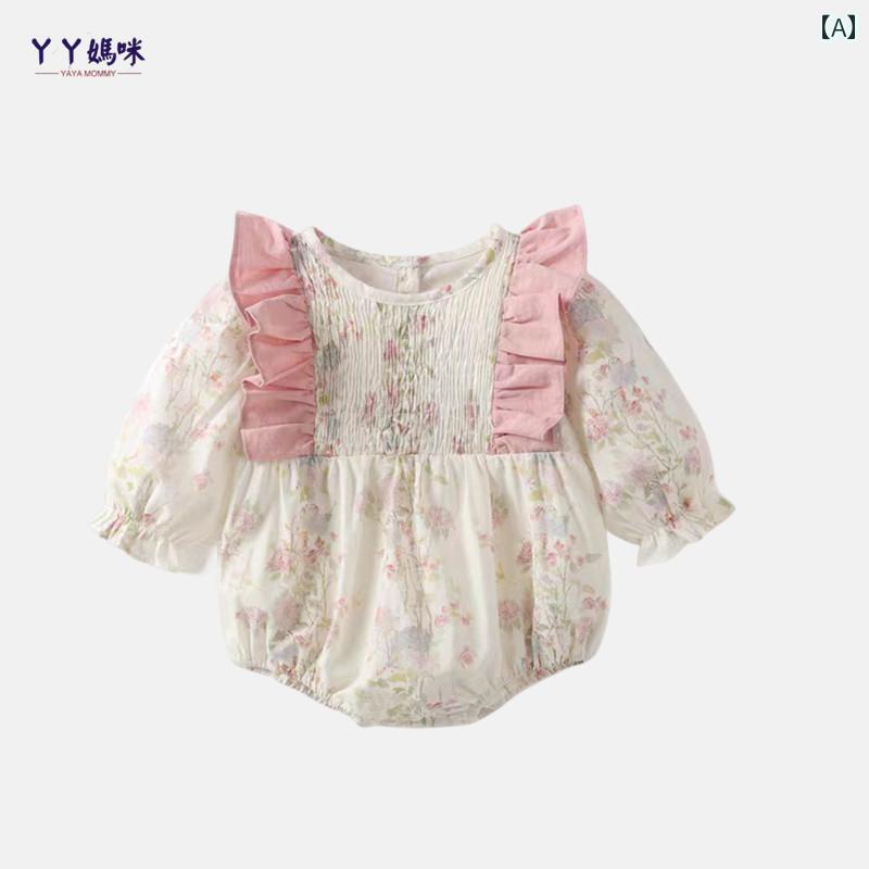 ロンパース ベビー服 カバーオール ジャンプ スーツ 春服 綿 長袖 薄地 女児 赤ちゃん 100日 花 プリン..