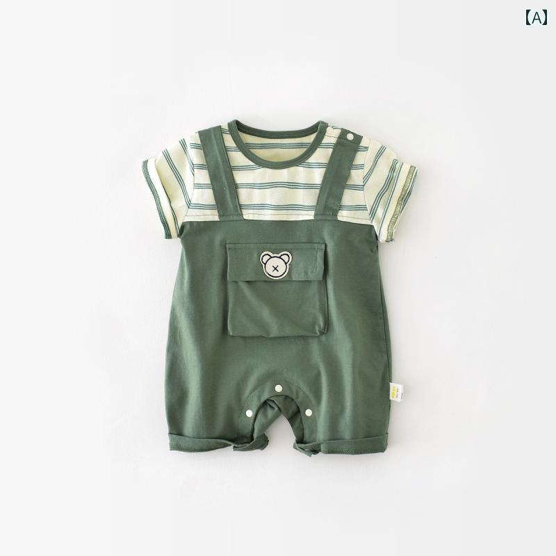 Short Sleeves - ロンパース ベビー服 ジャンプ スーツ 半袖 ワンピース 夏 男の子 かわいい フェイク ツーピース 薄手 夏 綿 クロール スーツ 韓国 100日 セーター
