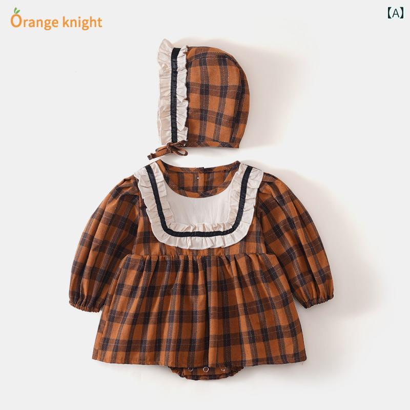 ドレス スカート ロンパース ベビー服 カバーオール ジャンプ スーツ 女児 赤ちゃん プリンセス 新生児 チェック柄 かわいい 長袖 春秋